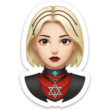 Leather choker with sigil around woman’s neck, pulse visible, dominance tone sticker