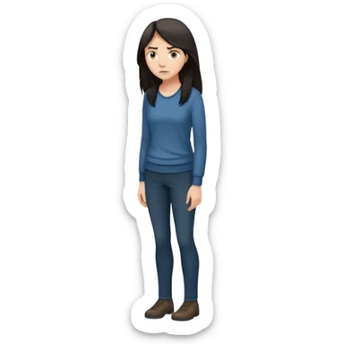 "Cartoon emoji of a woman with long, loose dark hair, wearing plain, simple clothes. Full-height, standing, nervous, unsure, worried expression. Slightly hunched, anxious posture. Smooth, simple, stylized."Eyes looking down or away, avoiding direct contact sticker