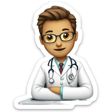 a doctor wearing stethoscope sitting in front of a laptop sticker