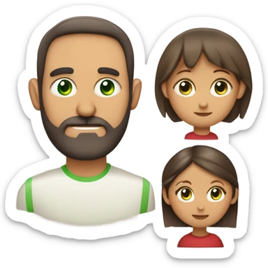 familia de tres personas: una madre de ojos verdes piel clara y pelo rojo rizado, un padre calvo de ojos verdes con barba corta y piel clara, una hija de piel clara ojos verdes con braquets y pelo liso con marrón claro y dos mechones rubios delante sticker