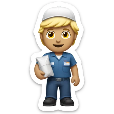  male mail carrier with blond hair and with a package wearing a white cap sticker