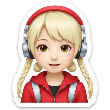 Cute kawaii emoji-style Japanese K-pop singer girl, long platinum blonde hair in twin tails, red outfit, headset mic on cheek, Japanese K-pop idol vibes, big sparkling eyes, chibi proportions, clean lineart, pastel colors, cheerful idol smile, sticker/emoji style, transparent background sticker