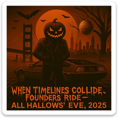 Make the font "When Timelines Collide, Founders Ride" runny, spooky.  sticker