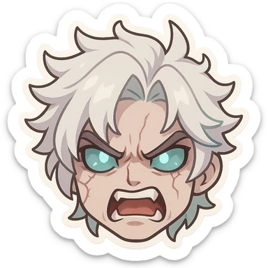 Viego from League of Legends, chibi style emote, only head, very angry expression sticker