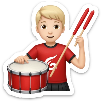 A young boy wearing team colors, banging a small drum excitedly. sticker