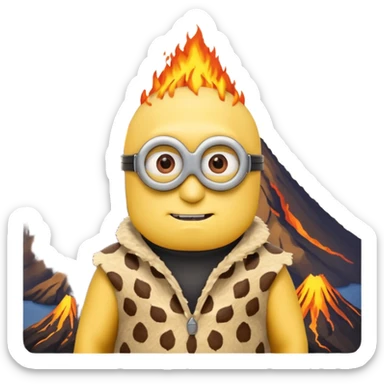 a minion wearing ancient animal skin cloth with volcano behind, half body, icon sticker