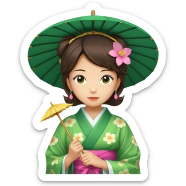 Japanese Princess with paper umbrella, green kimono sticker