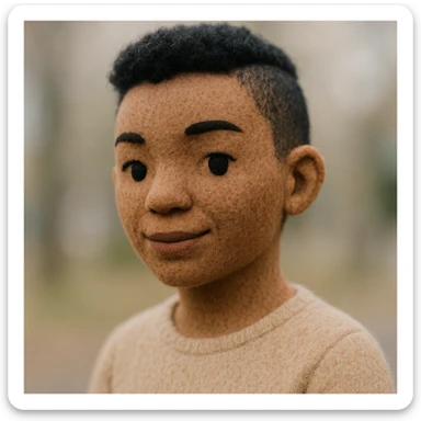 plush portrait of a black woman with light skin and short black curly hair, shaved on both sides, soft plush texture, gentle expression sticker