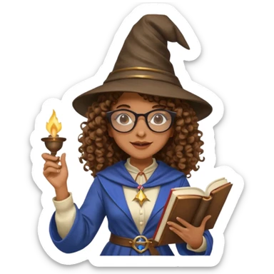 A Joyful Adult Female with Brown skin and Curly hair, wearing a Traditional outfit, a Wizard hat, Sunglasses, carrying a Spellbook, working as a farmer, while drinking Coffee and reading a Textbook. sticker