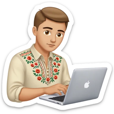 A Ukrainian guy in an embroidered shirt works at his laptop sticker
