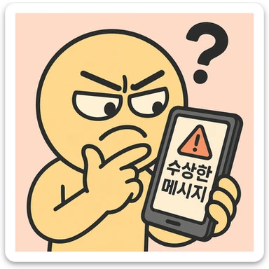 emoticon-style cartoon character looking suspiciously at a smartphone screen, screen displays '수상한 메시지' or '경고!' in Korean, with a question mark and red exclamation mark icon, flat design, bright colors, pastel background, 360x360px, PNG sticker