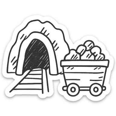 hand-drawn outlined gold mine with cart and gold sticker