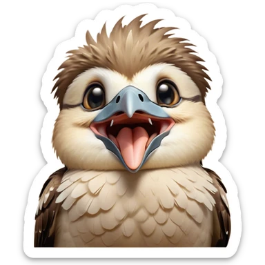 Cinematic Cute Yawning Kookaburra Portrait Emoji, Head tilted slightly with a dramatic, wide-open yawn, showcasing a soft, downy brown plumage with gently drooping wings and a relaxed beak, round eyes barely open in drowsy contentment, Simplified yet irresistibly adorable features, highly detailed, glowing with a soft, cozy glow, high shine, relaxed yet expressive, stylized with a touch of bushland charm, bright and endearing, soft glowing outline, capturing the essence of a sleepy yet affectionate kookaburra, so drowsy it feels like it could flutter out of the screen and curl up for a nap! sticker