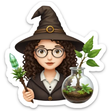 A long curly haired brunette girl with a witch hat, round white glasses, and a plant wand or plant potion terrarium sticker