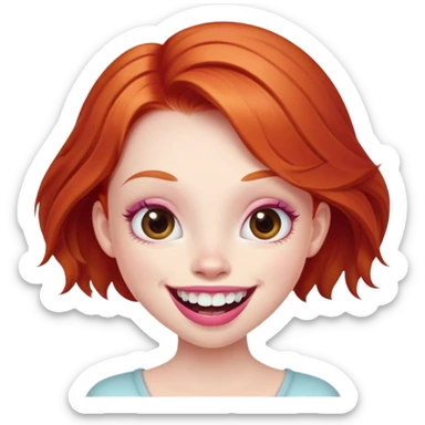 Young girl with pale skin, full pink lips smiling with big teeth, ginger red hair (very long), bigger nose, extra large brown eyes (very big eyes), big mouth sticker