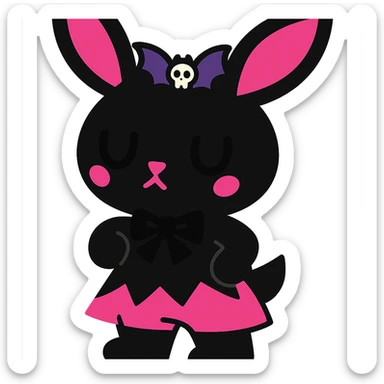 Replace the lace bow with a bat-shaped hair clip, keep gothic bunny, black and pink colors, vibrant toon style, no background. sticker