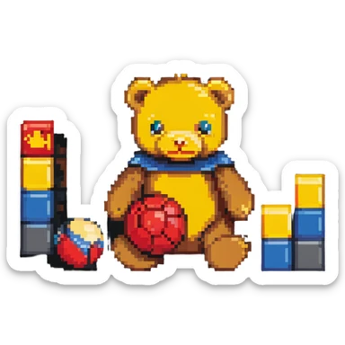classic childhood toys scattered - brown teddy bear, yellow duck toy, primary colored blocks, red ball, superhero figure sticker