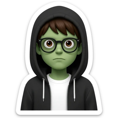 zombie boy with white tshirt and black brownish hair and with black glasses frames on hair is texturized young boy and round face more green face and dark brown eyes black thick cotton y2k hoodie with the white t-shirt under it hood of hoodie is standing up a slight bit and no ties on hoodie sticker