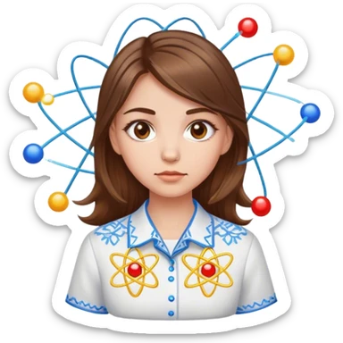 a Ukrainian girl with brown hair in an embroidered shirt and an atom sticker