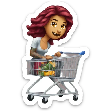 Beautiful tattooed burgundy long haired woman pushing shopping cart sticker