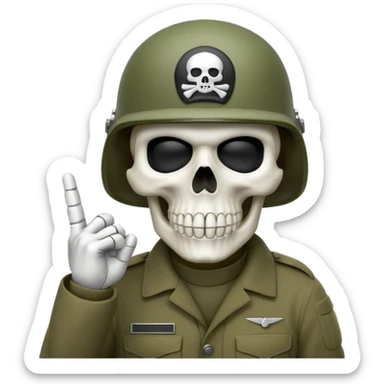 A bold emoji-style bodyless white skull wearing a realistic modern army helmet, making a shushing gesture (index finger bone held up to mouth area). Clean vector style,modern emoji aesthetic.The helmet has detailed realistic texture. sticker