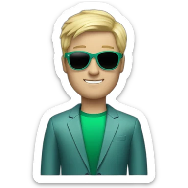 white guy in gradient green blue suit with blonde hair and black sunglasses standing with black adidas shoes sticker