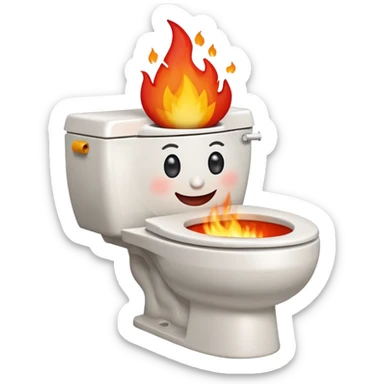 A smiling, happy white-colored toilet with fire coming from its bowl sticker