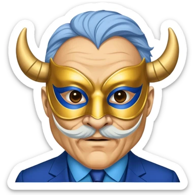 a old man, with a Blue suit,  wear half-face golden Buffalo masquerade mask sticker