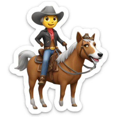 Dog wearing a cowboy hat riding a brown horse which is riding a gray cat sticker