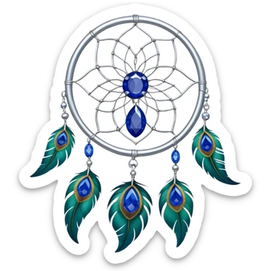 a Silver Dreamcatcher with sapphire-stones and emerald-stones, and with peacock-feathers. Big sapphire gem in the middle. Many tiny emeral gems around it.   sticker