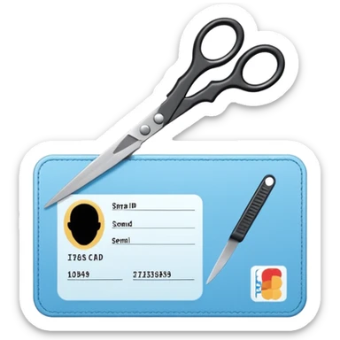 Floating black Scissors cutting a light blue idf ID card in 2 parts .hyper realistic sticker