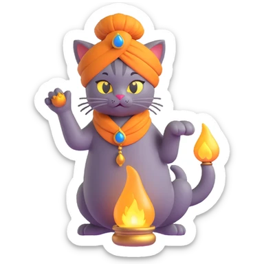 genie cat wearing a turban, smoky tail, floating out of an oil lamp, 3D emoji style sticker