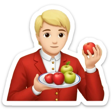 ein tiefer Teller mit breitem rand, darin ein haufen mit gelber Krümel unterschiedlicher Grösse. obendrauf seitlich ein Häufchen Apfelmus. ein Löffel steckt drin sticker