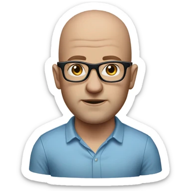 realistic portrait of a Marty with glasses, blue eyes and white bald sticker