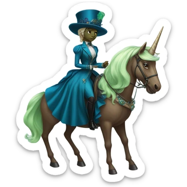"galora green blonde alien woman" in blue Victorian dress elegant, full body, on brown and white unicorn sticker