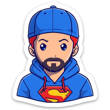 Full body human Adult male with blue eyes and redish messy hair and trimmed facial hair wearing a blue superman hoodie and a black backwards baseball hat sticker