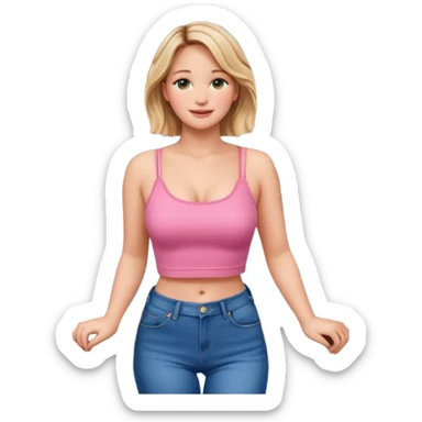 jennifer lawrence, pink crop top, and blue jeans, leaning on a balcony with a harbor and cityscape in the background, smiling sticker