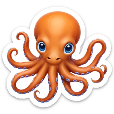Cinematic Realistic Cute Octopus Portrait Emoji, Head tilted playfully and inquisitively, featuring a gracefully curving, compact body in vibrant orange adorned with delicate blue rings, and a charming, expressive face with round, sparkling eyes full of curious wonder; rendered with lifelike detail and soft natural highlights, high shine, affectionate and enchanting, styled with a touch of whimsical ocean magic, soft glowing outline, capturing the essence of a mischievous yet lovable octopus that seems poised to slither playfully into your arms! sticker