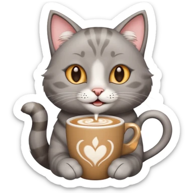 Happy gray Cat holding in its front two paws an hot latte sticker