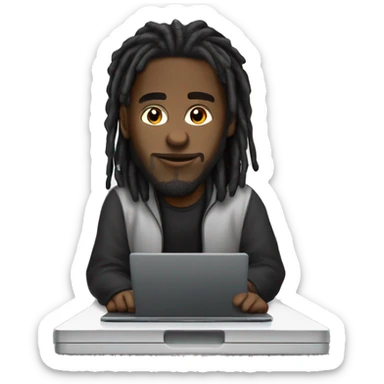 Black-guy-with-dreads-wearing-black-trackstuit-sitting-down-on-chair facing-foward-focused-on-laptop-computer- sticker