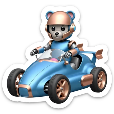  Metallic blue and rosegold-accented  racing car for furry-faced grey bearded evil scary robot teddy bear and passenger with custom aero body and rear spoiler  sticker