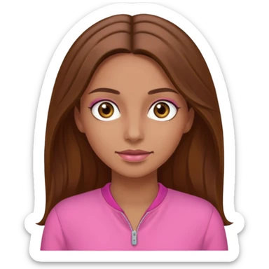 Tan skinned woman with long brown hair, hazel colored eyes, and wearing a pink outfit. sticker
