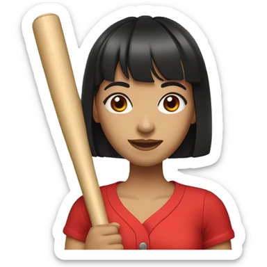 Asian Woman with full bangs, smiling, long black hair, hoop earrings, red dress, holding a baseball bat sticker