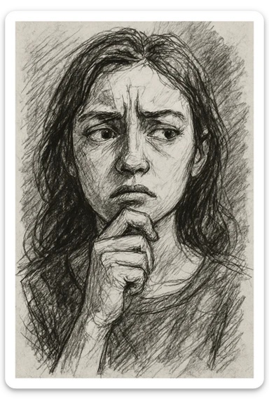 pencil sketch style young woman with a doubtful expression, hand on chin, white background sticker