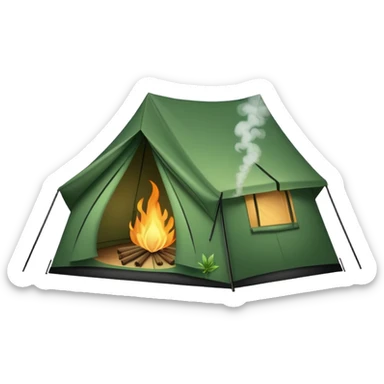a tent with halfaway opened doors. the tent is filled with clouds of smoke. in the middle of the tent is a weed leaf sticker