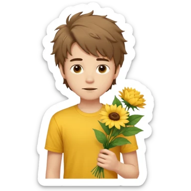 generate an ios genmoji of a 20 year old fair boy with brown long and messy hair with stubble on cheeks. should look like he cant grow a mustache., carrying a flower bouquet, wearing a yellow tshirt, looking shy sticker
