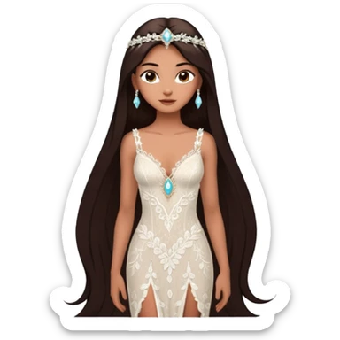 enchantress goddess wearing a embellished shimmering light powder white lace and yasmin stila marie hazel odette lilo chantecaille savannah maisie cacao champa flowers tiffany mocha lorelai beige gown with tanned skin and super long straight dark brown hair sticker