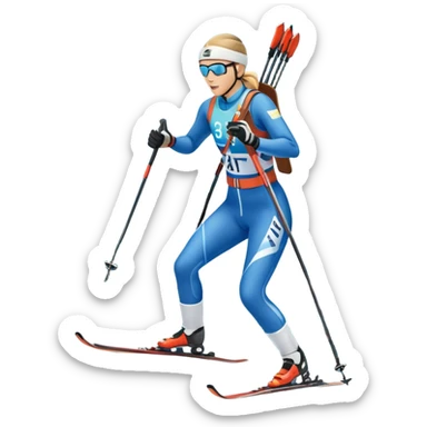 An icon featuring a biathlete in motion, holding a rifle and skiing across a snowy course. The backdrop includes snow-covered trees, distant mountains, and a clear blue sky. Transparent background highlights the precision, endurance, and excitement of biathlon. sticker