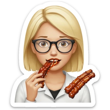 A women with hair blonde glasses eating a ribs sticker