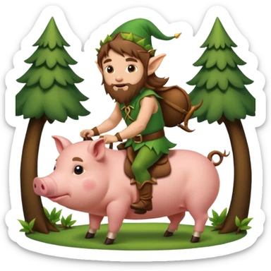 tiny forest elf man long brown hair beard riding pig sticker